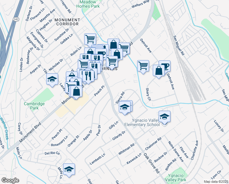 map of restaurants, bars, coffee shops, grocery stores, and more near 1050 Oak Grove Road in Concord