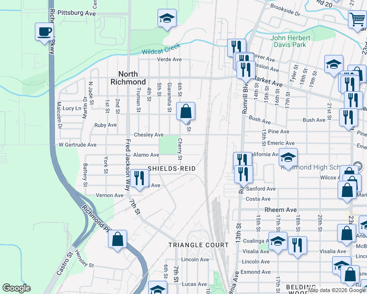 map of restaurants, bars, coffee shops, grocery stores, and more near 616 Chesley Avenue in Richmond