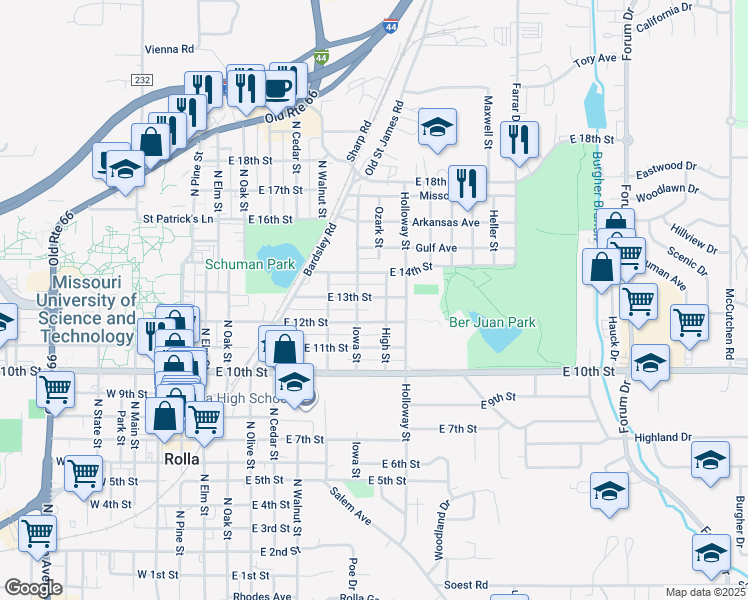 map of restaurants, bars, coffee shops, grocery stores, and more near 1306 Iowa Street in Rolla