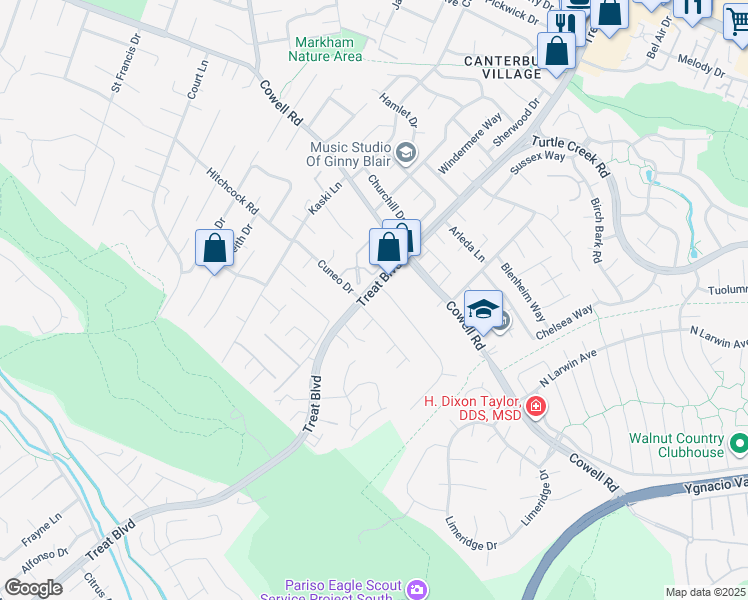 map of restaurants, bars, coffee shops, grocery stores, and more near 4150 Treat Boulevard in Concord