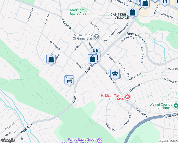 map of restaurants, bars, coffee shops, grocery stores, and more near 4150 Treat Boulevard in Concord