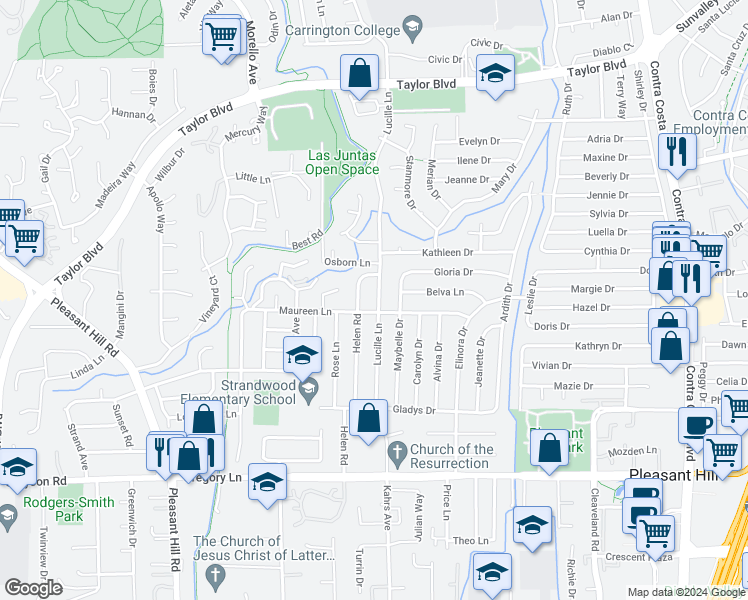 map of restaurants, bars, coffee shops, grocery stores, and more near 1884 Lucille Lane in Pleasant Hill