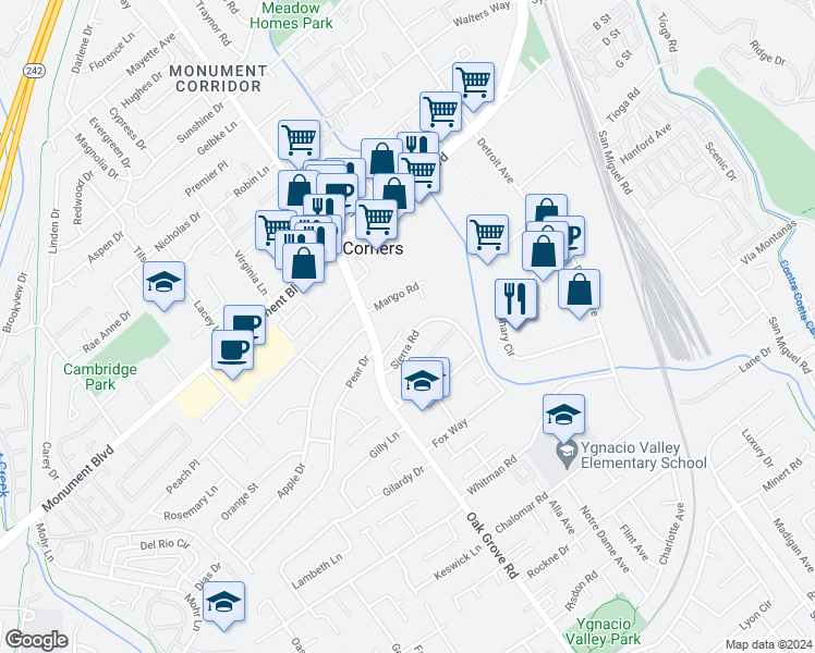 map of restaurants, bars, coffee shops, grocery stores, and more near 2031 Sierra Road in Concord