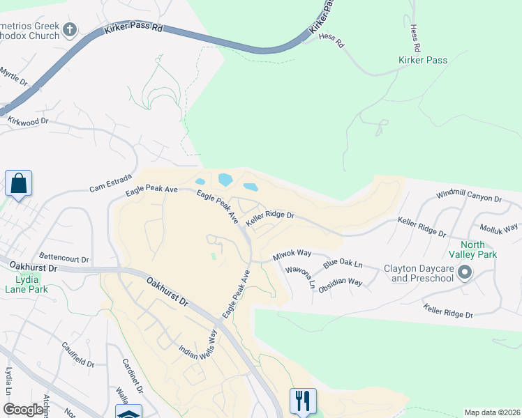 map of restaurants, bars, coffee shops, grocery stores, and more near 2903 Coyote Circle in Clayton