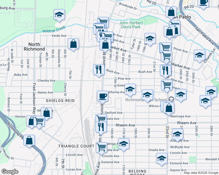 map of restaurants, bars, coffee shops, grocery stores, and more near 1454 Rumrill Boulevard in San Pablo