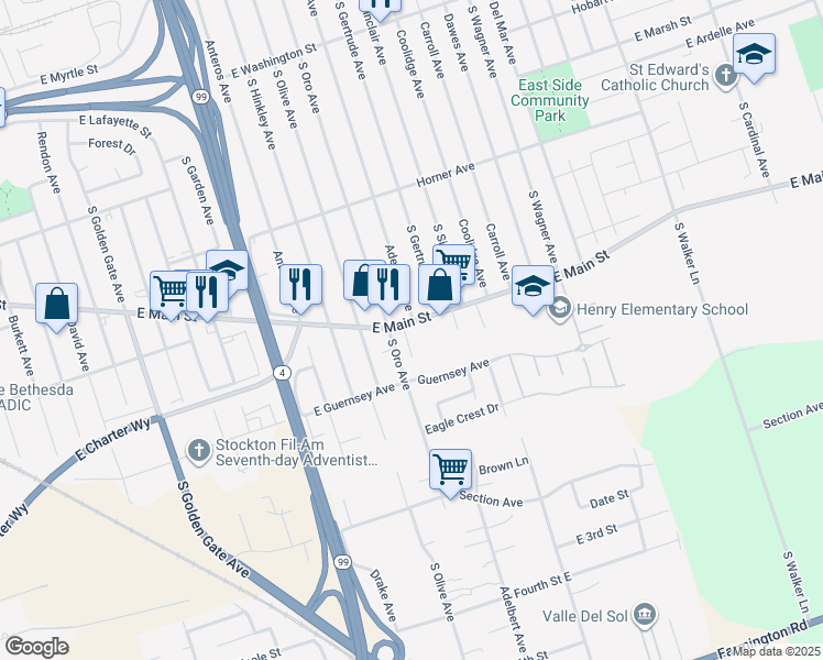 map of restaurants, bars, coffee shops, grocery stores, and more near 4126 East Main Street in Stockton