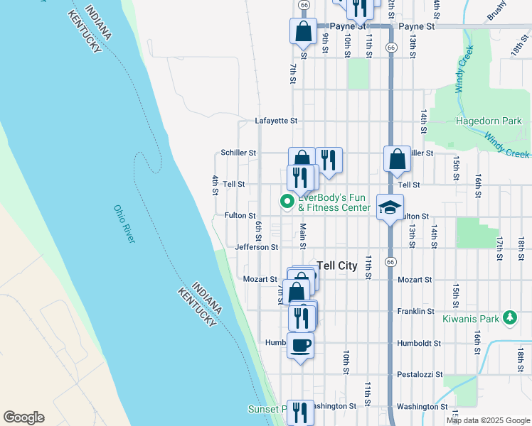 map of restaurants, bars, coffee shops, grocery stores, and more near 900-998 6th St in Tell City