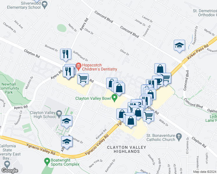 map of restaurants, bars, coffee shops, grocery stores, and more near 201 Clayton Road in Concord