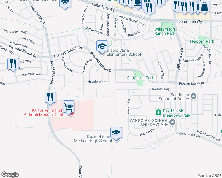map of restaurants, bars, coffee shops, grocery stores, and more near 5445 Oneida Way in Antioch