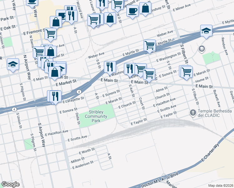 map of restaurants, bars, coffee shops, grocery stores, and more near 2020 East Lafayette Street in Stockton