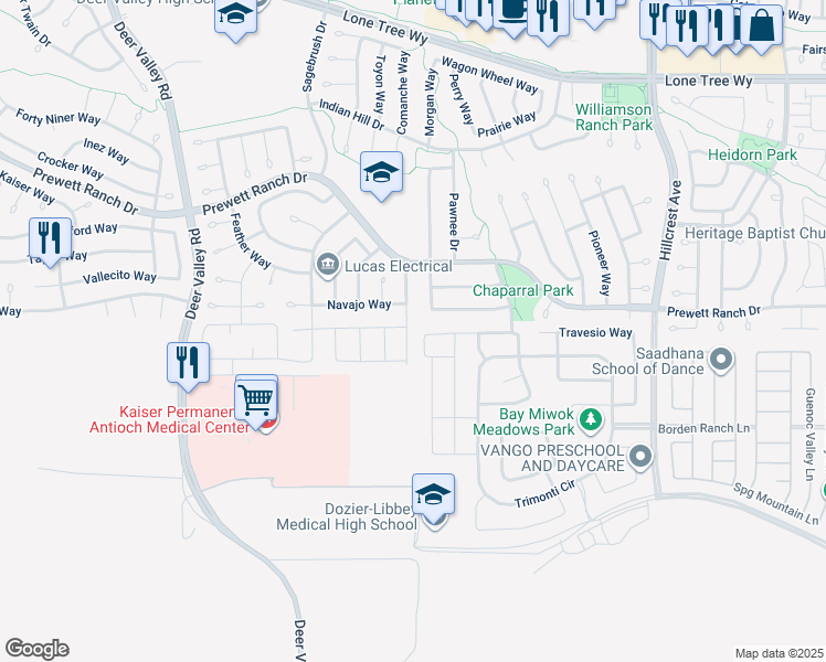 map of restaurants, bars, coffee shops, grocery stores, and more near 5445 Oneida Way in Antioch