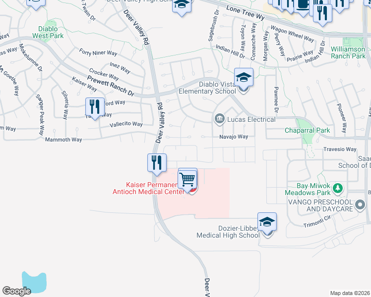 map of restaurants, bars, coffee shops, grocery stores, and more near 5416 Golden Eagle Street in Antioch
