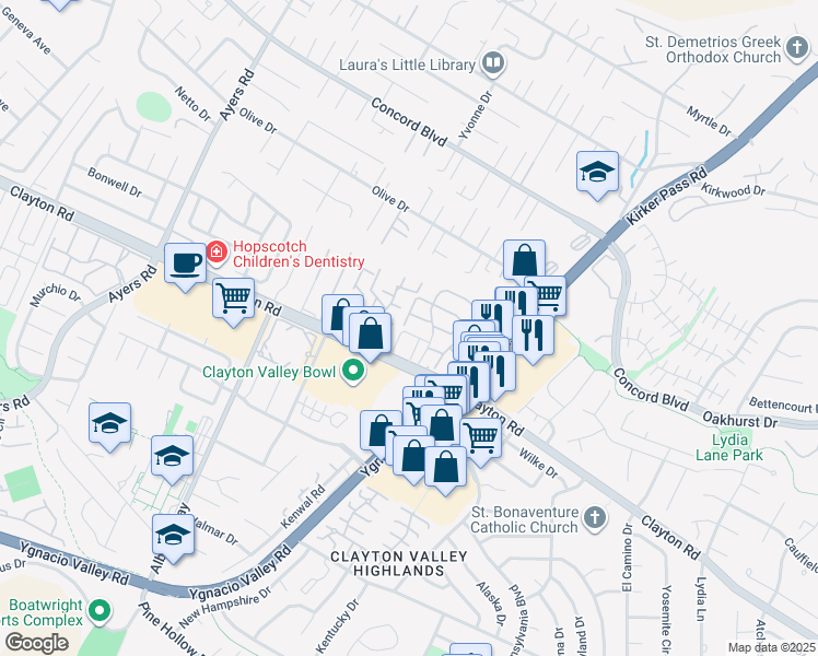 map of restaurants, bars, coffee shops, grocery stores, and more near 5341 Forte Lane in Concord