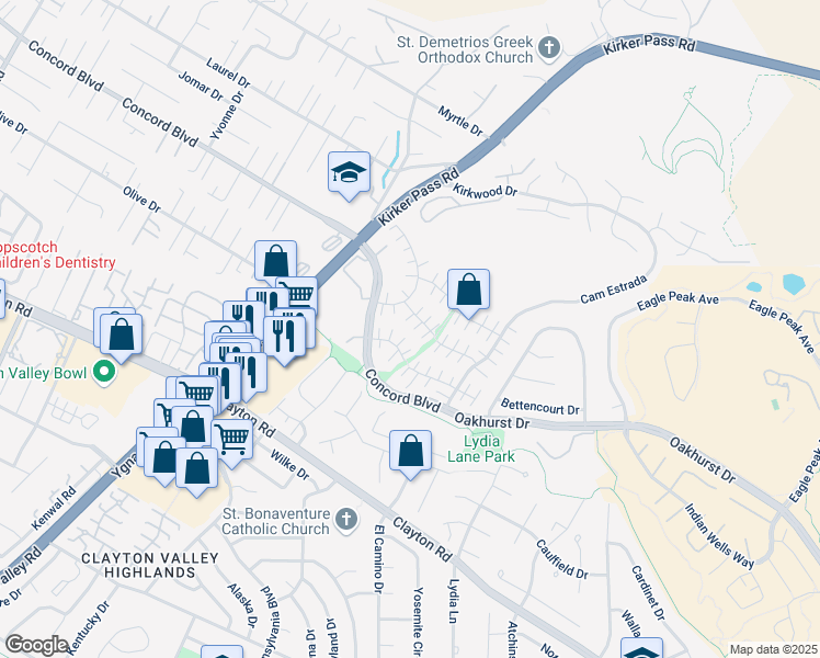 map of restaurants, bars, coffee shops, grocery stores, and more near 5454 Anselmo Court in Concord