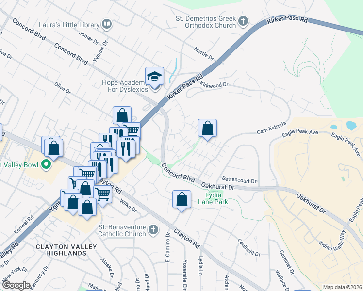 map of restaurants, bars, coffee shops, grocery stores, and more near 5454 Anselmo Court in Concord