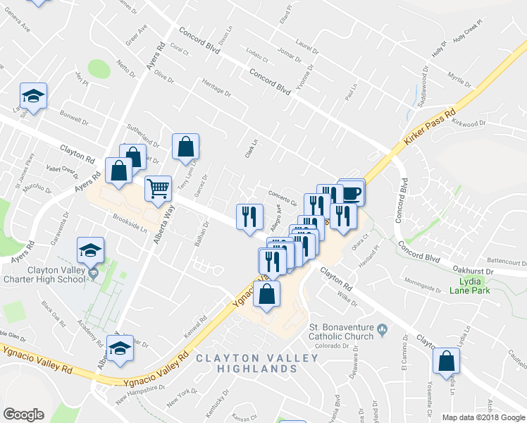 map of restaurants, bars, coffee shops, grocery stores, and more near 5341 Forte Lane in Concord