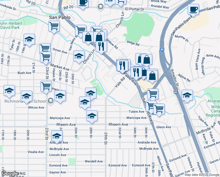 map of restaurants, bars, coffee shops, grocery stores, and more near 2089 Vale Road in San Pablo