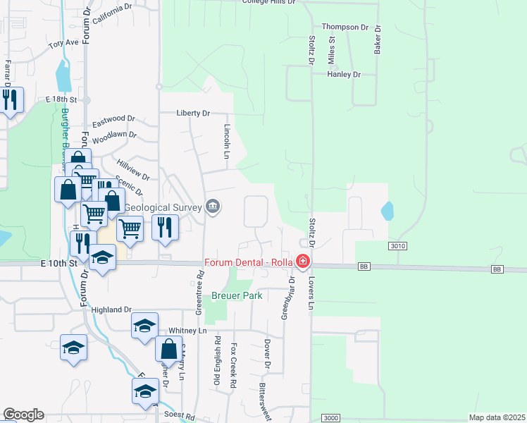 map of restaurants, bars, coffee shops, grocery stores, and more near 1544 Timber Creek Road in Rolla