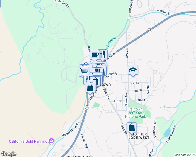 map of restaurants, bars, coffee shops, grocery stores, and more near 18278 Main Street in Jamestown