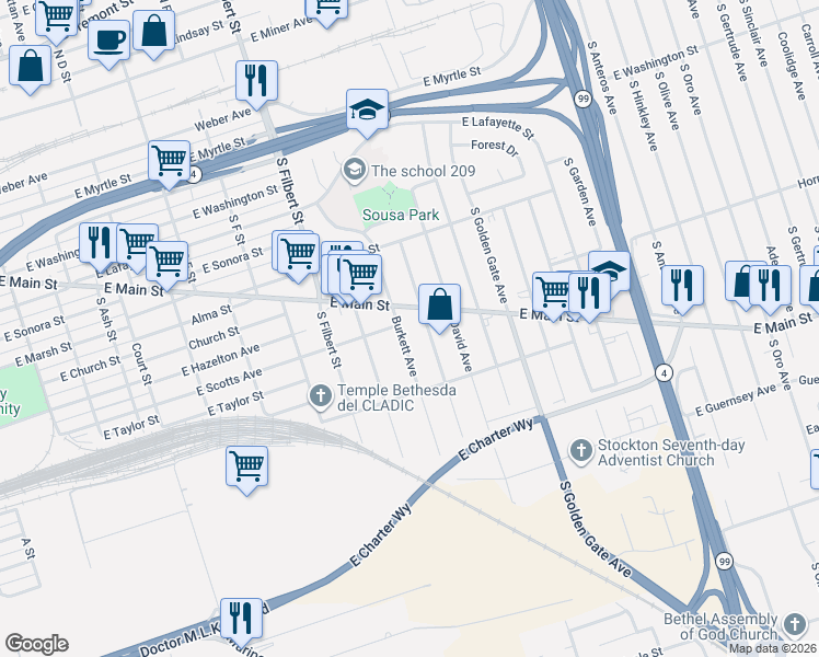 map of restaurants, bars, coffee shops, grocery stores, and more near 701 South Shasta Avenue in Stockton