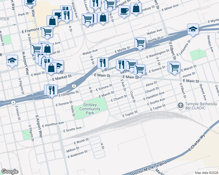 map of restaurants, bars, coffee shops, grocery stores, and more near 2020 East Lafayette Street in Stockton
