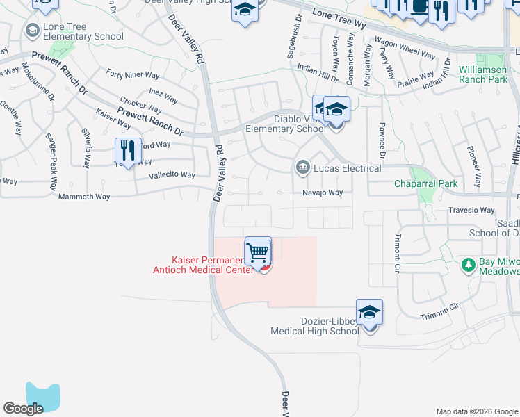 map of restaurants, bars, coffee shops, grocery stores, and more near 5419 Navajo Court in Antioch