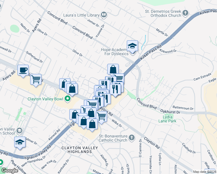 map of restaurants, bars, coffee shops, grocery stores, and more near 1641 Allegro Avenue in Concord