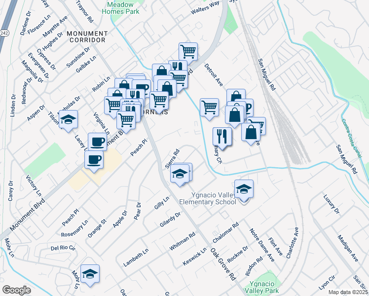 map of restaurants, bars, coffee shops, grocery stores, and more near 2039 Sierra Road in Concord