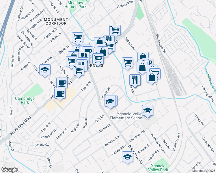 map of restaurants, bars, coffee shops, grocery stores, and more near 2039 Sierra Road in Concord