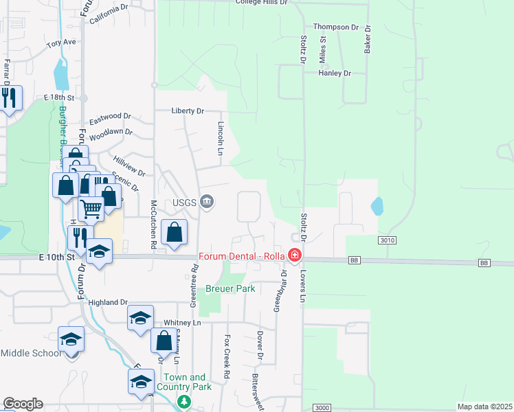 map of restaurants, bars, coffee shops, grocery stores, and more near 1539 Timber Creek Road in Rolla