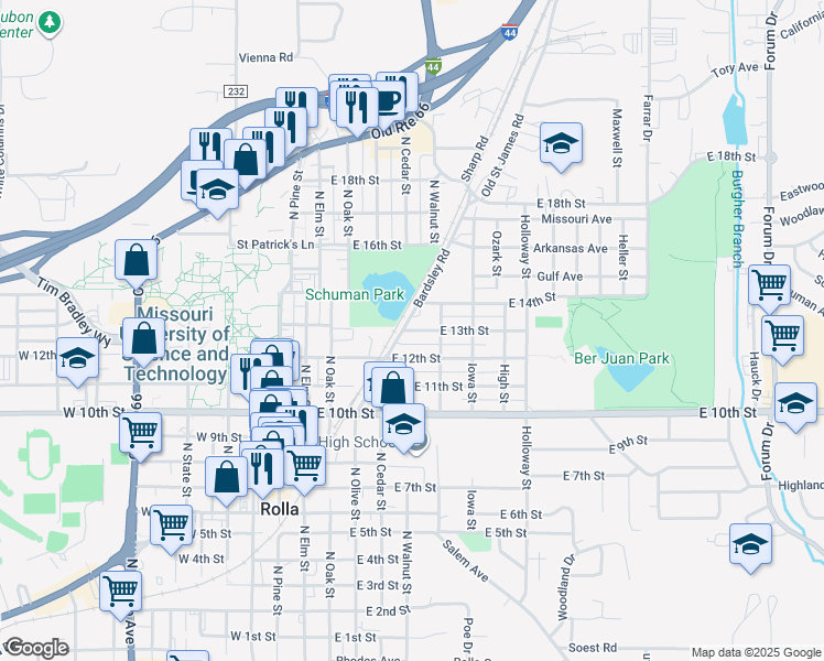map of restaurants, bars, coffee shops, grocery stores, and more near 501 East 13th Street in Rolla