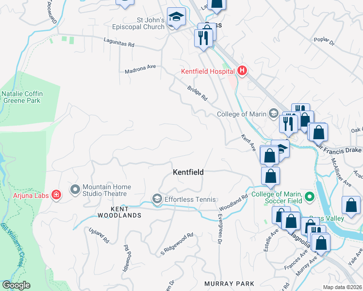 map of restaurants, bars, coffee shops, grocery stores, and more near 65 Rock Road in Kentfield