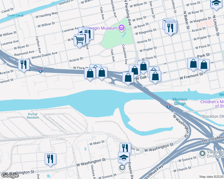 map of restaurants, bars, coffee shops, grocery stores, and more near 600 Buena Vista Avenue in Stockton