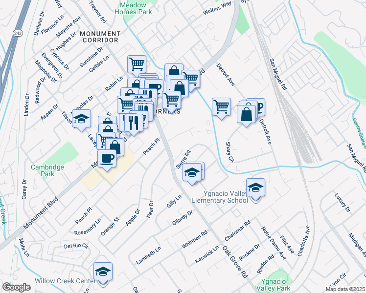 map of restaurants, bars, coffee shops, grocery stores, and more near 2033 Sierra Road in Concord