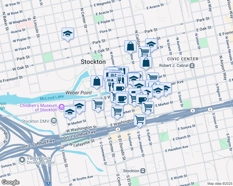 map of restaurants, bars, coffee shops, grocery stores, and more near 133 East Weber Avenue in Stockton