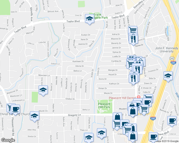 map of restaurants, bars, coffee shops, grocery stores, and more near 1878 Elinora Drive in Pleasant Hill