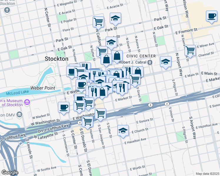 map of restaurants, bars, coffee shops, grocery stores, and more near 524 East Weber Avenue in Stockton