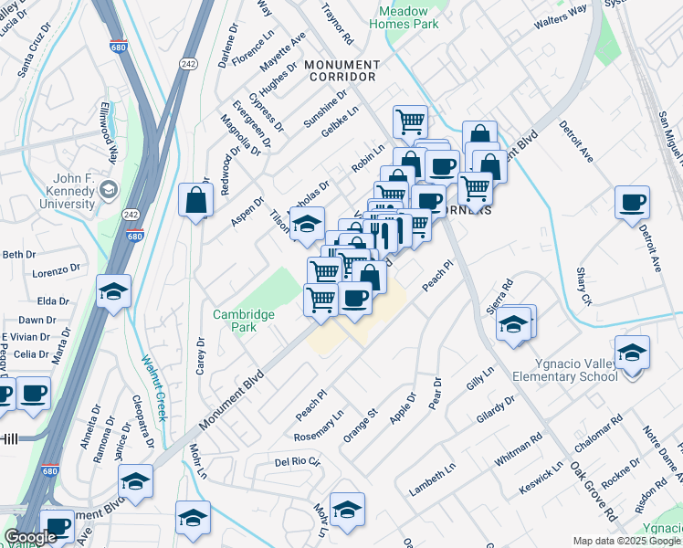map of restaurants, bars, coffee shops, grocery stores, and more near 1631 Monument Boulevard in Concord