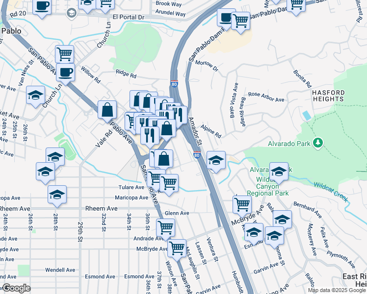 map of restaurants, bars, coffee shops, grocery stores, and more near 1515 Humboldt Avenue in San Pablo