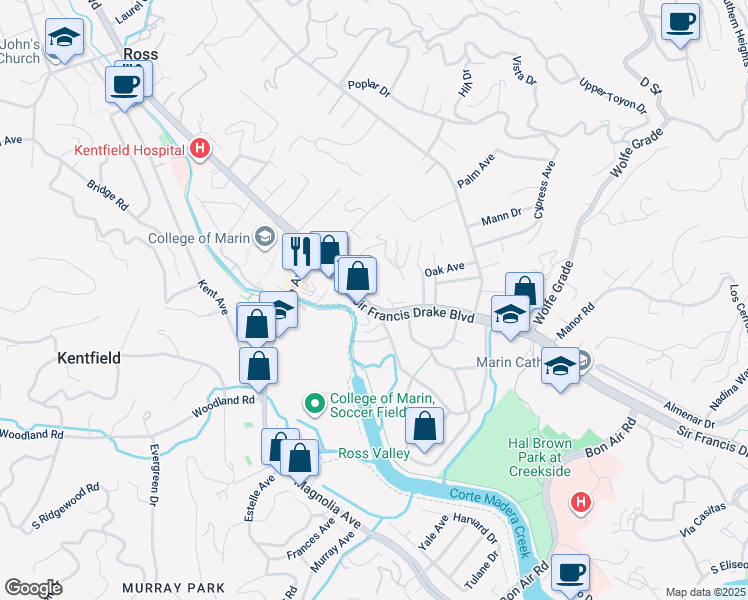 map of restaurants, bars, coffee shops, grocery stores, and more near 2 Ash Avenue in Kentfield