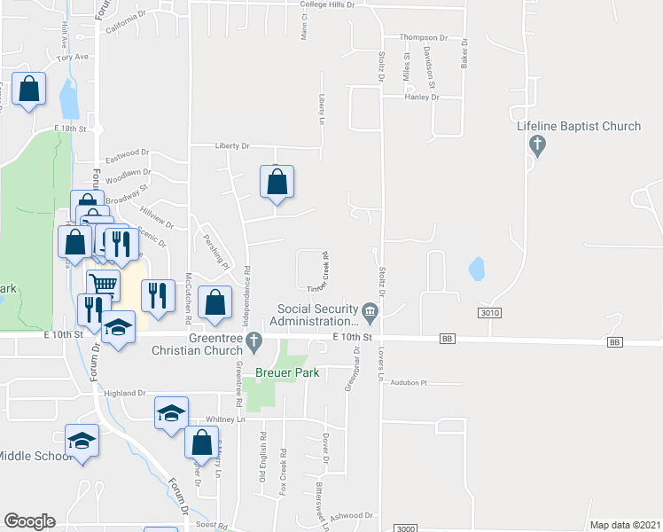 map of restaurants, bars, coffee shops, grocery stores, and more near 1539 Timber Creek Road in Rolla