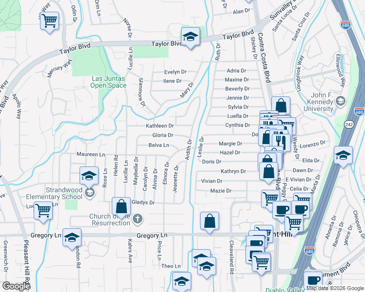 map of restaurants, bars, coffee shops, grocery stores, and more near 1878 Elinora Drive in Pleasant Hill