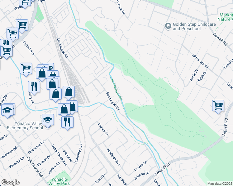 map of restaurants, bars, coffee shops, grocery stores, and more near Contra Costa Canal Trail in Concord