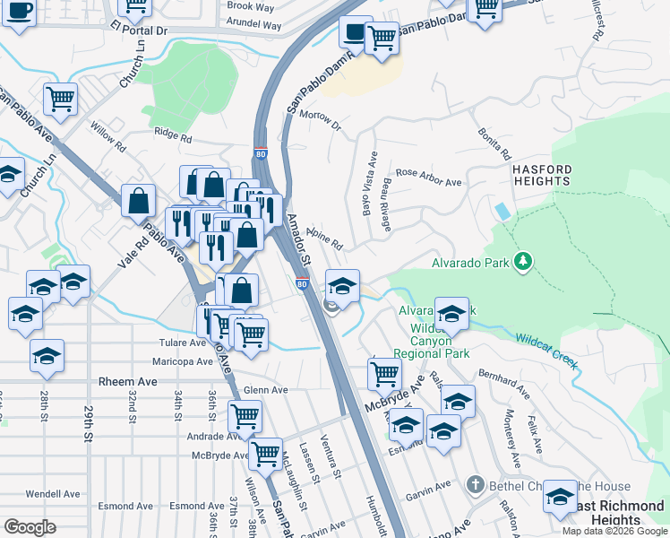 map of restaurants, bars, coffee shops, grocery stores, and more near 1420 Yuba Avenue in San Pablo
