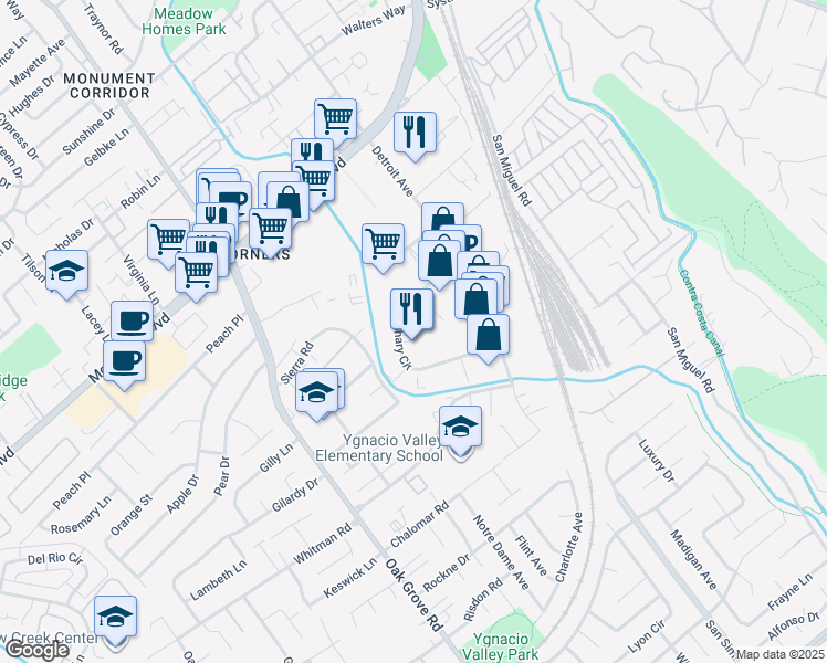 map of restaurants, bars, coffee shops, grocery stores, and more near 1061 Shary Circle in Concord