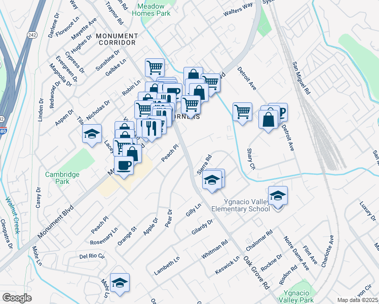 map of restaurants, bars, coffee shops, grocery stores, and more near 1060 Oak Grove Road in Concord