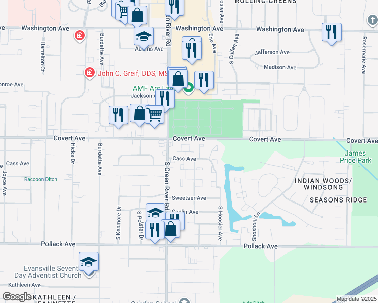 map of restaurants, bars, coffee shops, grocery stores, and more near 1625 Cass Court in Evansville