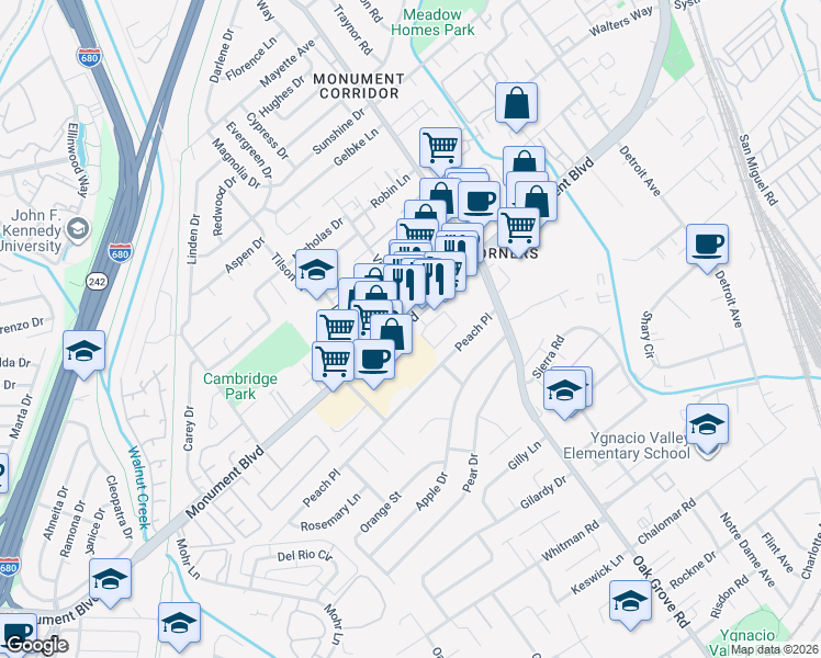 map of restaurants, bars, coffee shops, grocery stores, and more near 1698 Monument Boulevard in Concord