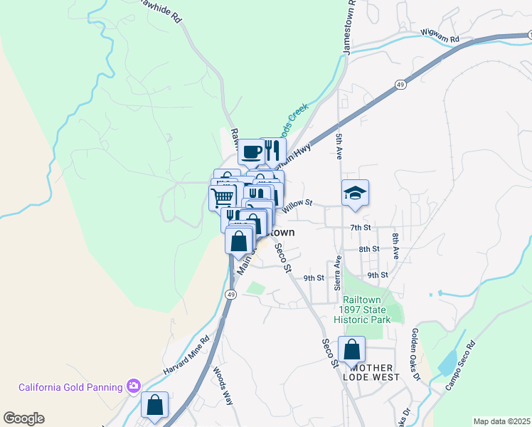 map of restaurants, bars, coffee shops, grocery stores, and more near 18221 Main Street in Jamestown