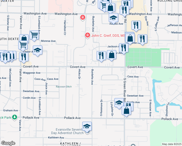 map of restaurants, bars, coffee shops, grocery stores, and more near 4209 Covert Avenue in Evansville